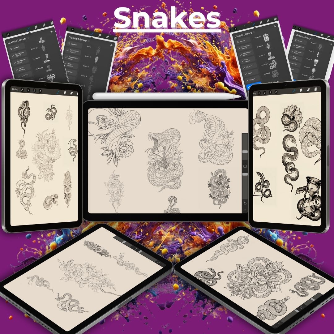 🐍 100 Snake Tattoo Stencils & Stamp Pack – For Procreate & More