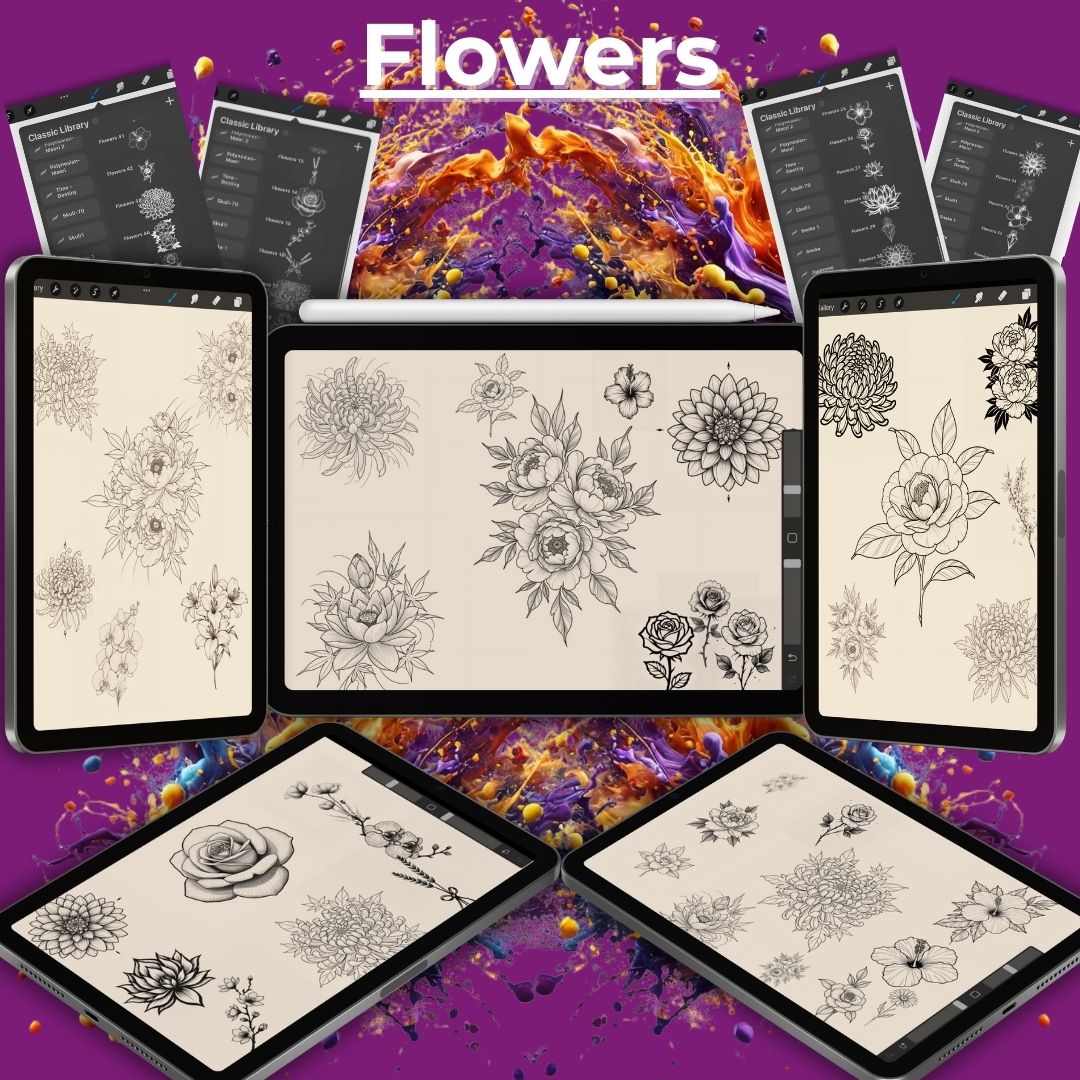 🌸 100 Flower Tattoo Stencils & Stamp Pack – For Procreate & More