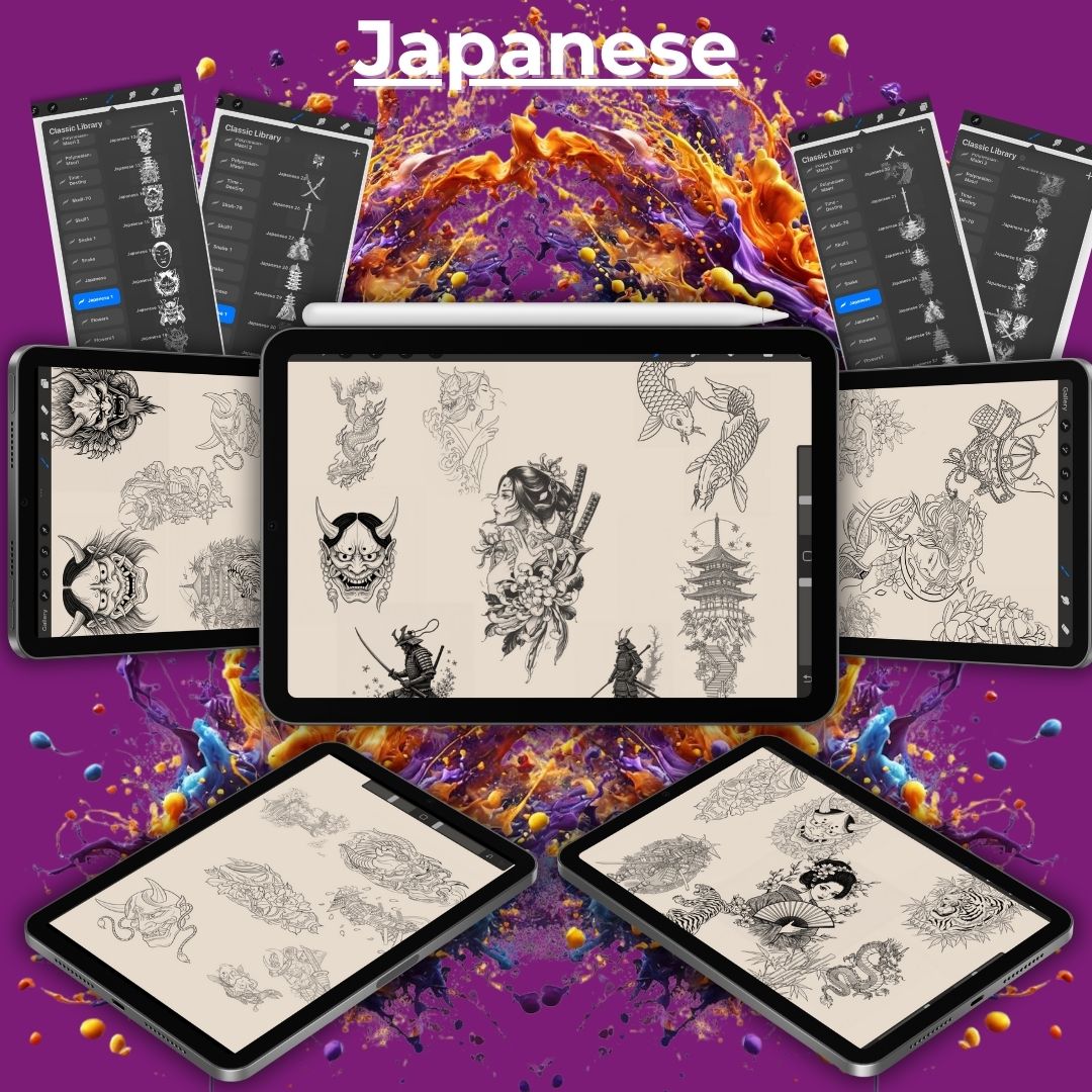 🉐150 Japanese Tattoo Stencils & Stamp Pack – For Procreate & More