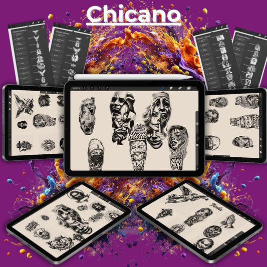 🎭 150 Chicano Tattoo Stencils & Flash Stamp Pack – For Procreate & More