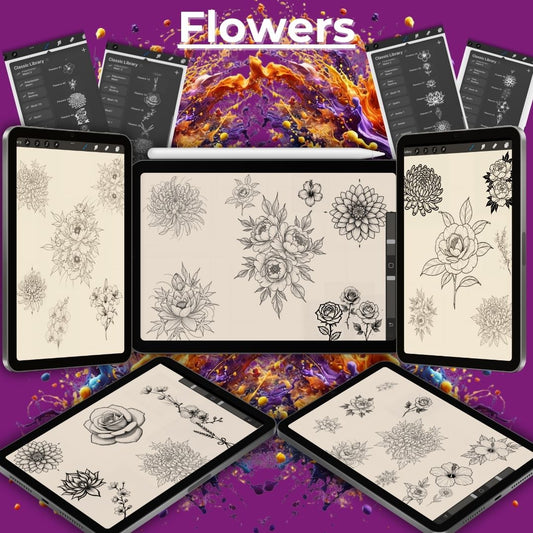 🌸 100 Flower Tattoo Stencils & Stamp Pack – For Procreate & More
