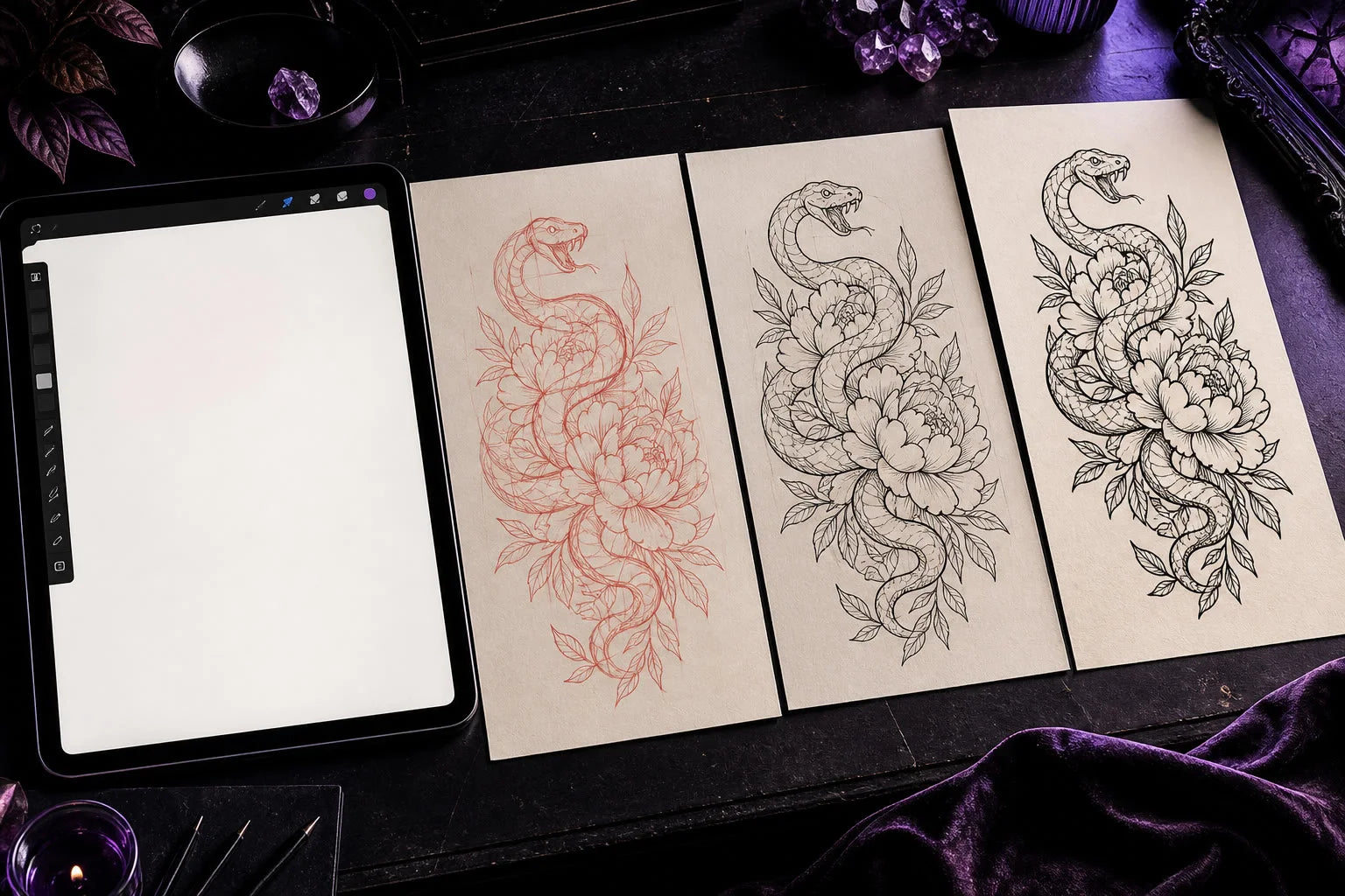 A visual collection of tattoo workflow stages, from blank canvas and sketch through refined linework and stencil preparation.