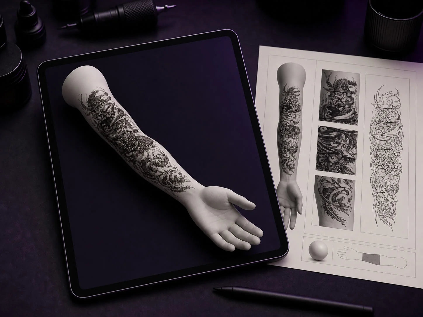 Tattoo placement mockup on a three-dimensional arm next to a client presentation sheet.