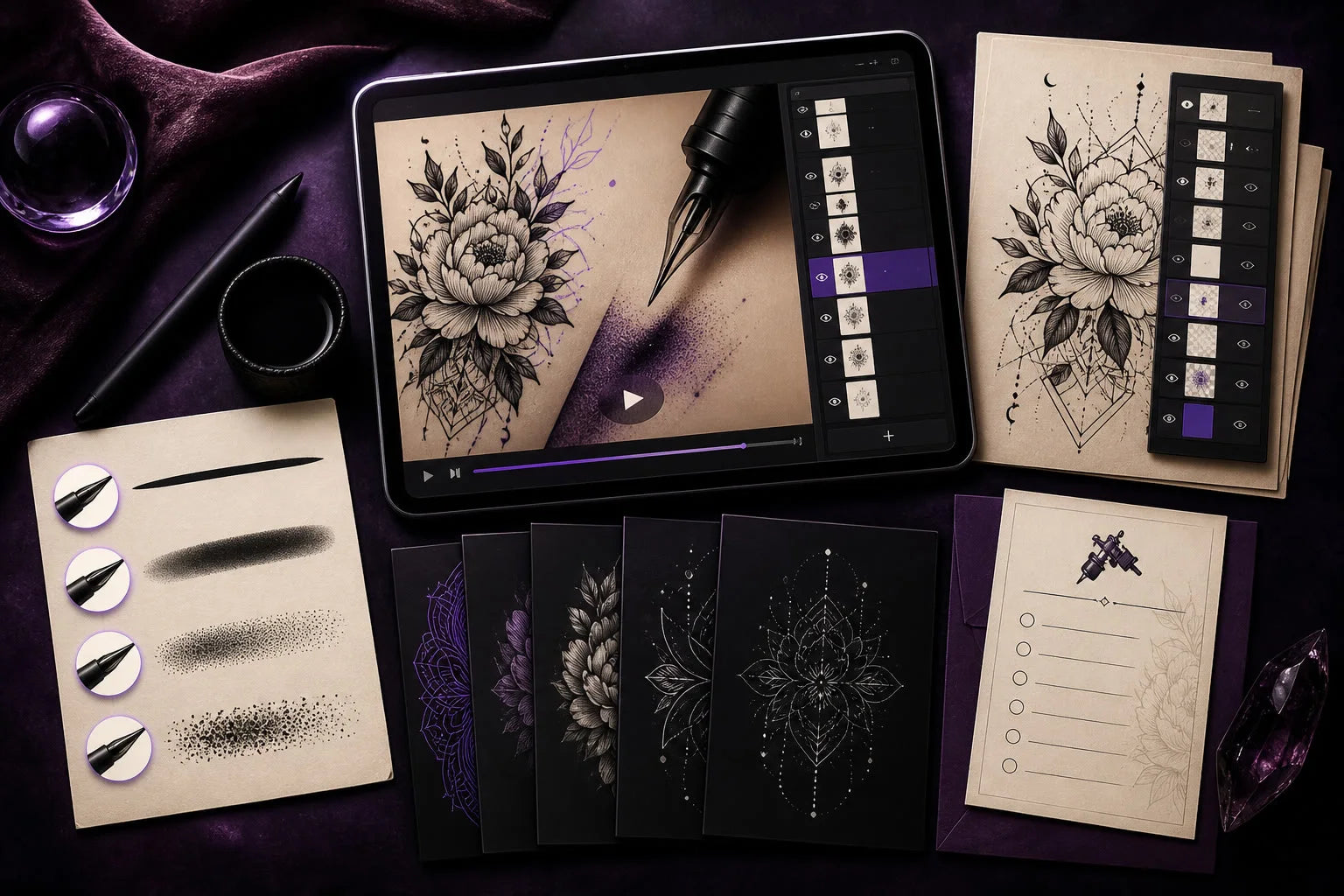 Course deliverables arranged around a tablet: four brush strokes, layered project files, a canvas template and a print checklist.