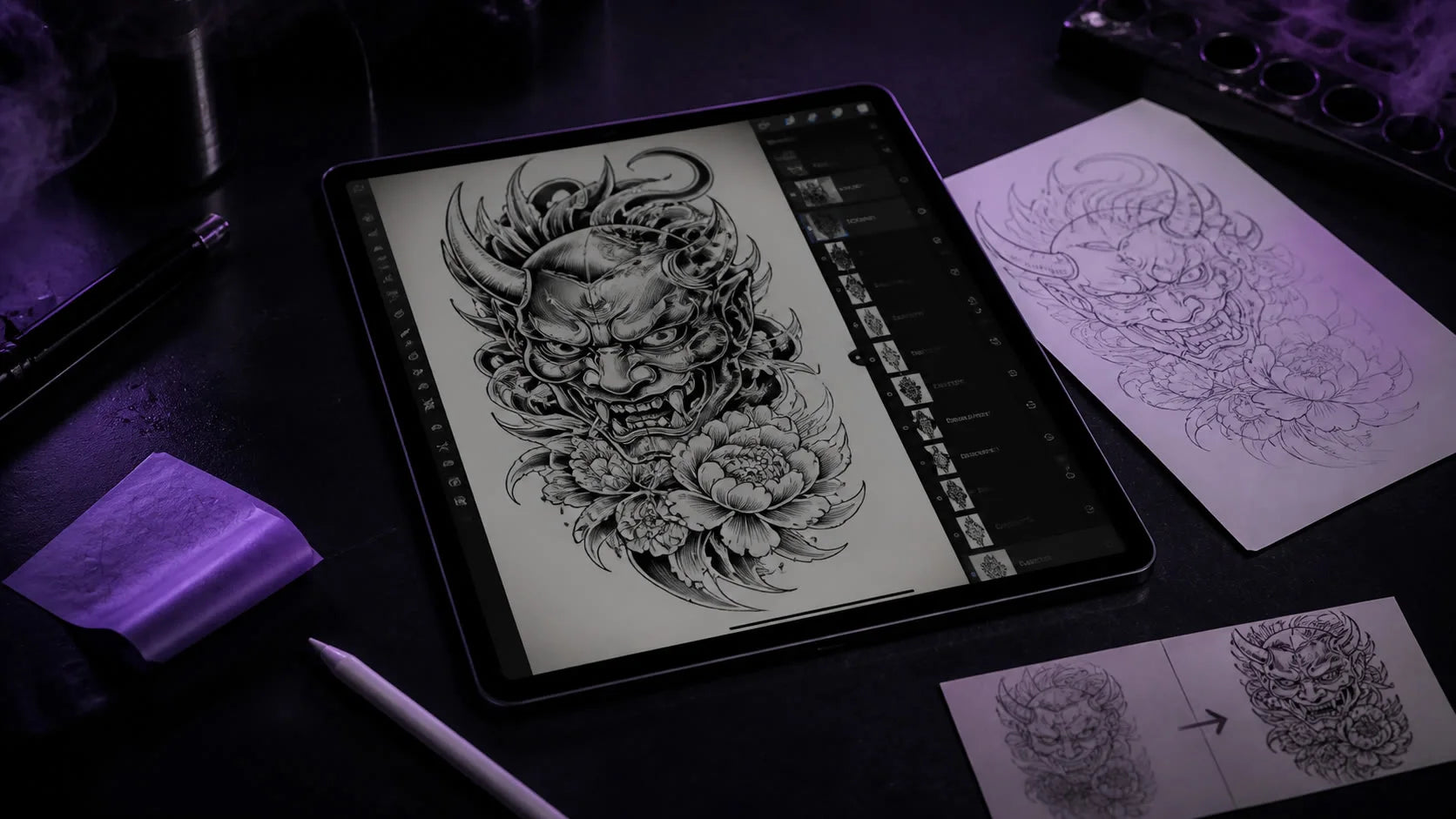 Course preview showing a tattoo design workflow across paper, tablet and clean stencil output.