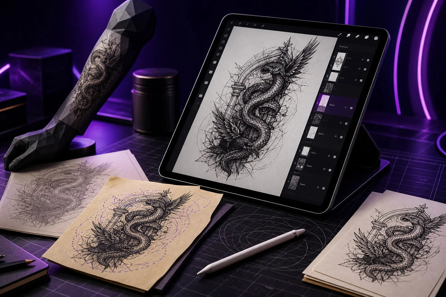 Tablet-centered tattoo design workbench showing layered artwork, stencil paper and a complete digital workflow.