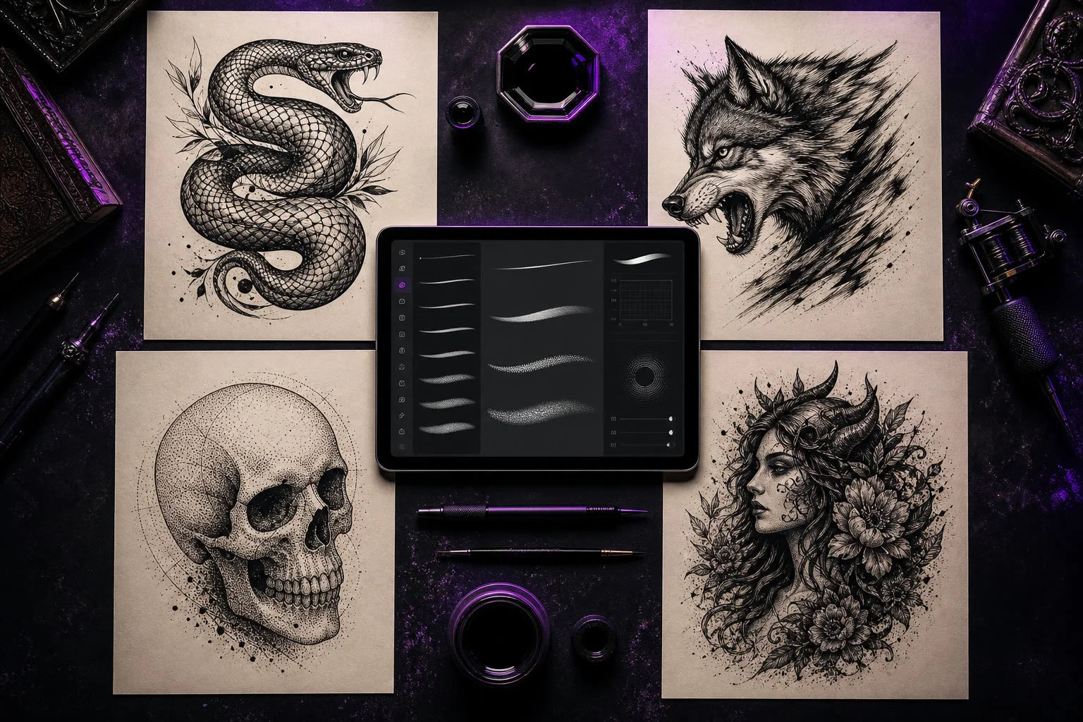 Four tattoo studies demonstrating liner on a snake, whip shading on a wolf, dotwork on a skull and stipple texture on a female figure.