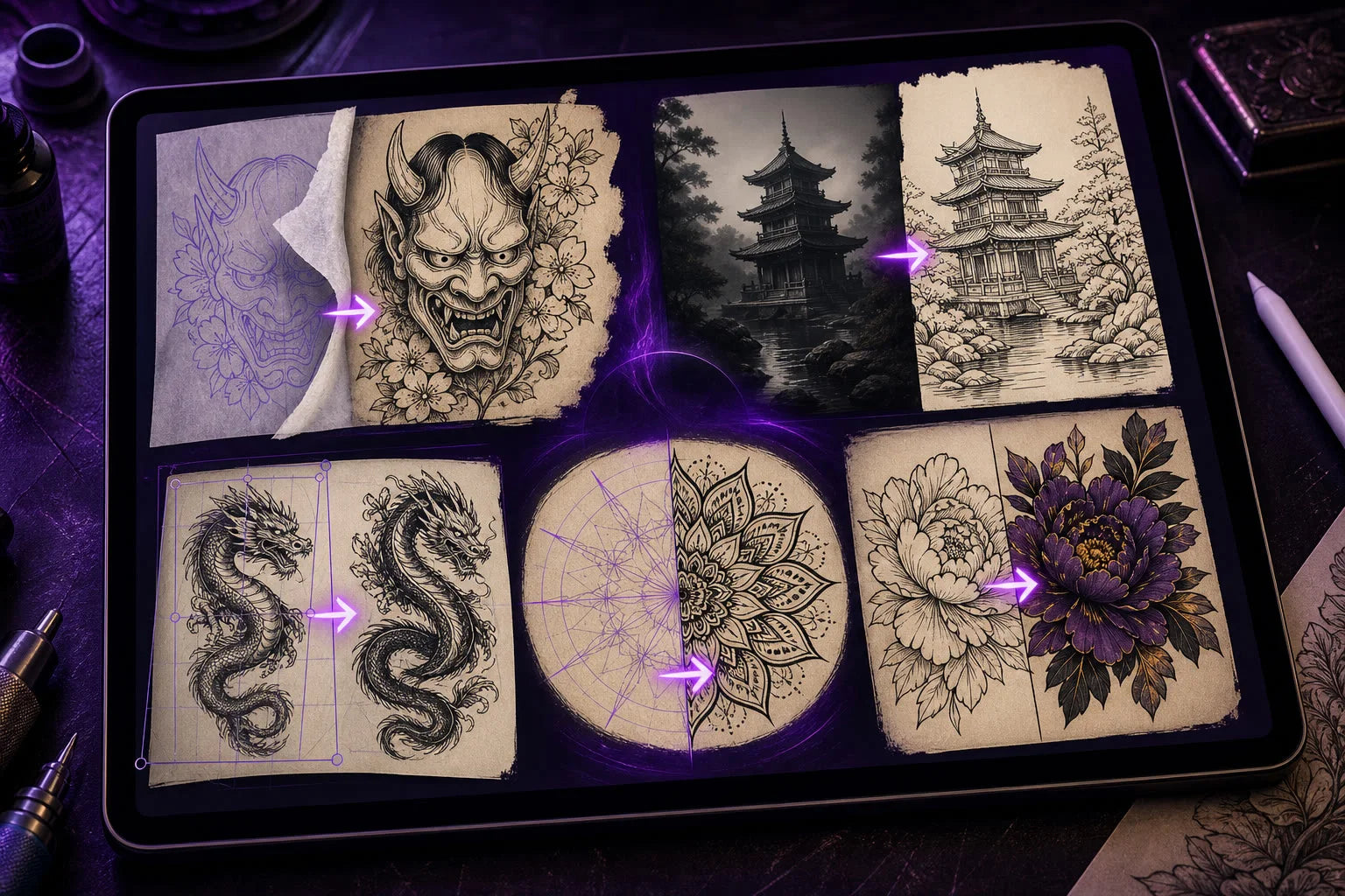 A tablet montage showing tattoo designs transformed through stencil reveal, line extraction, Liquify, symmetry and color layers.