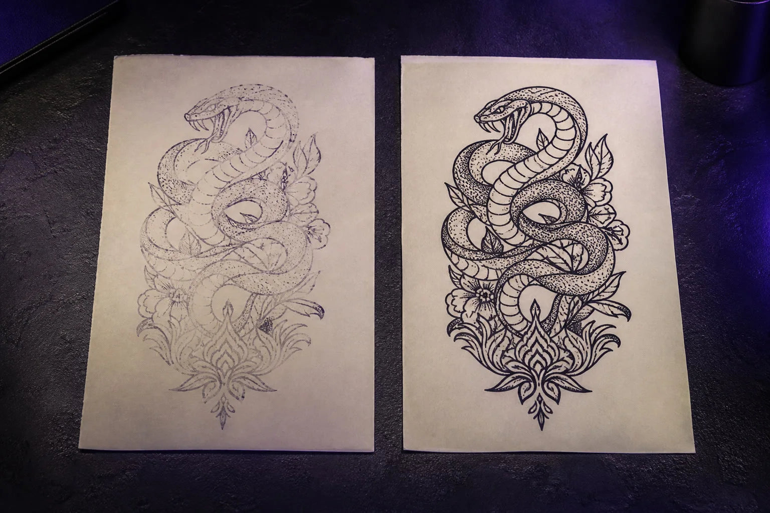 Two example snake stencil prints illustrating a faint, broken outcome and a crisp outcome with solid black lines.