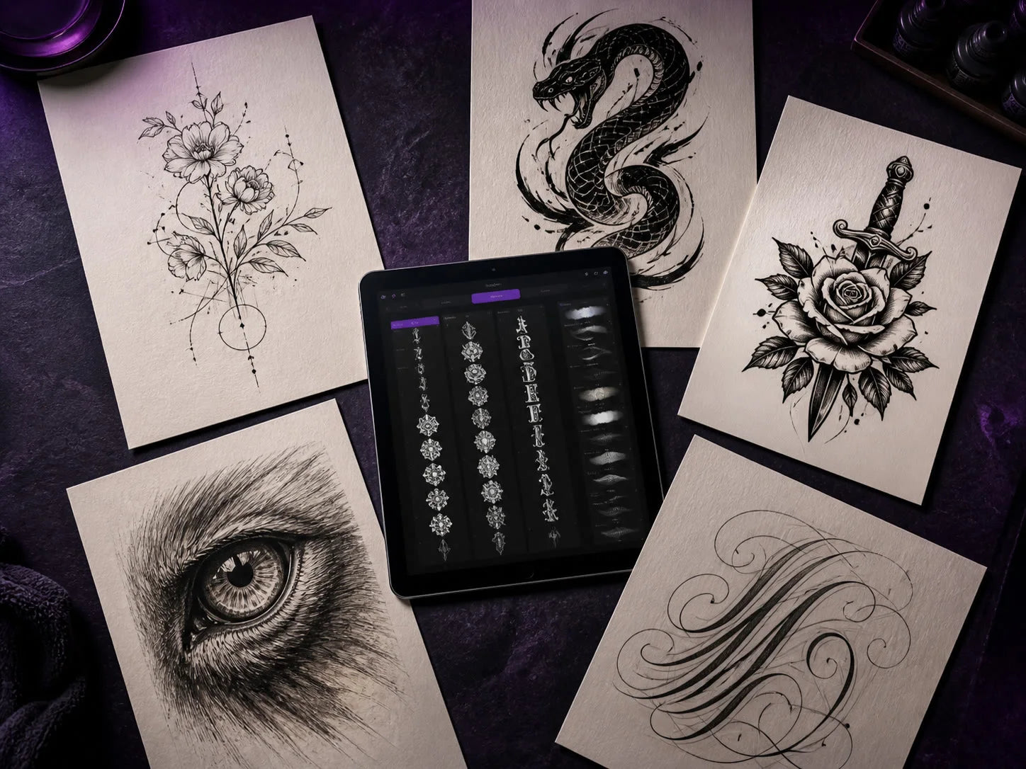 Five tattoo style studies arranged around an iPad displaying Procreate.