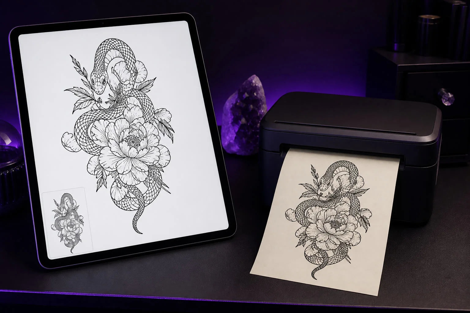 A tablet with clean snake-and-flower linework beside a thermal printer producing a crisp black stencil example.