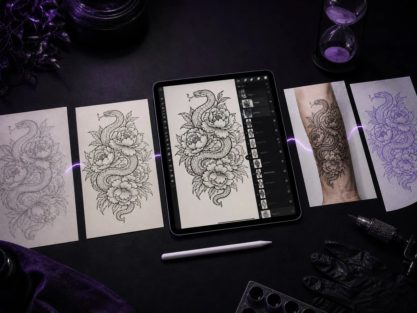 A dark tattoo workstation with an iPad, the stages of a snake-and-flower design, a connected violet workflow line and an hourglass.