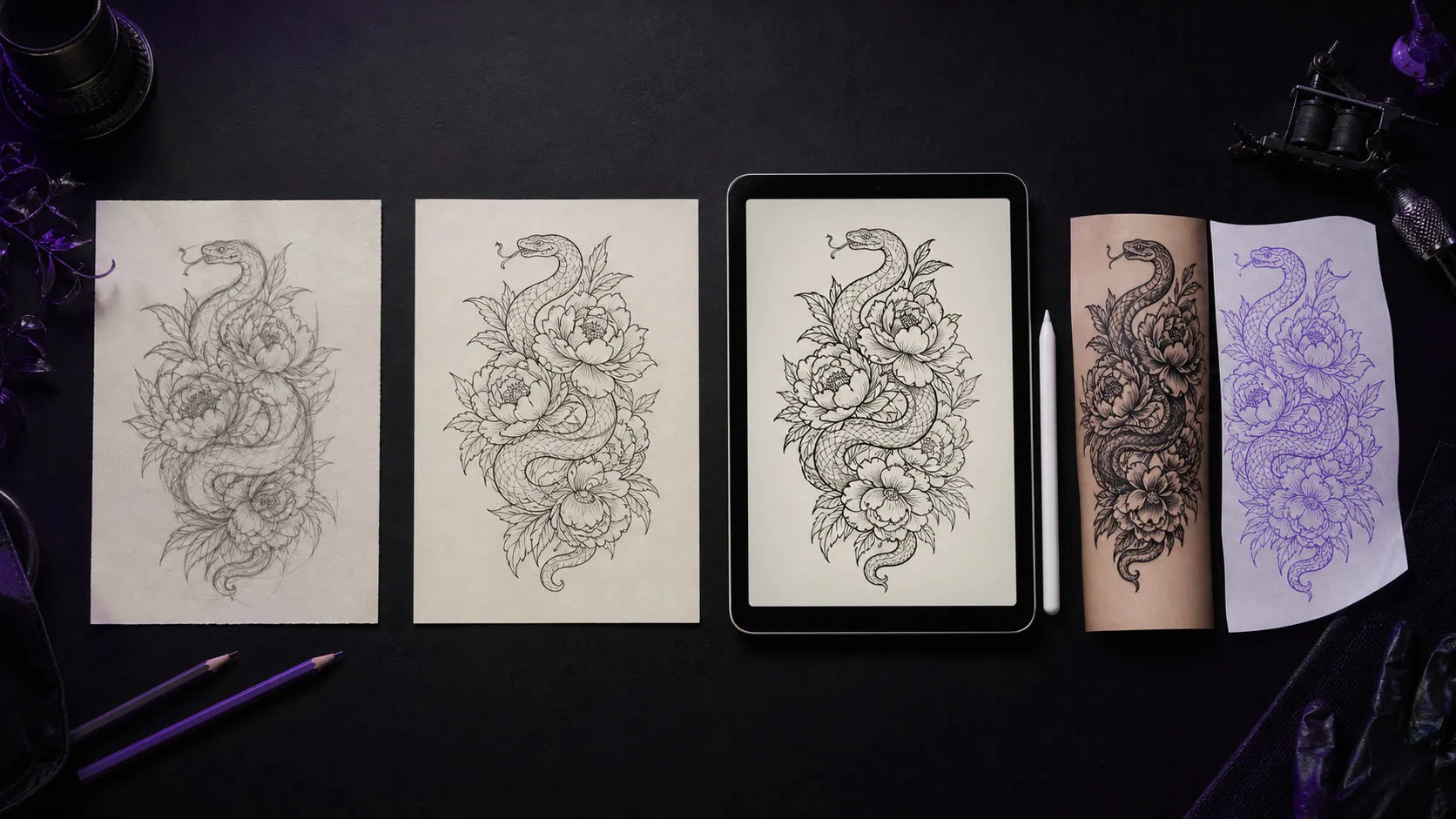 A tattoo design progressing from sketch to Procreate artwork, body preview and stencil.