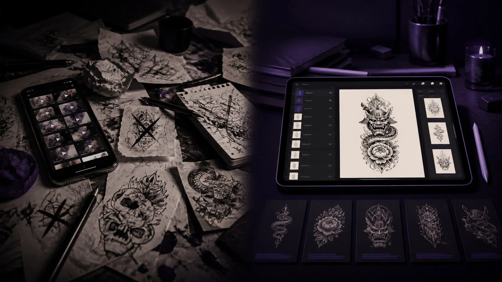 Scattered free tutorial fragments compared with an organized tattoo workflow on an iPad.